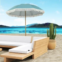 Outsunny Wood-effect Pole Beach Umbrella Ø 170 cm, Large Fringed Umbrella Adjustable Height, UPF50+ Carry Bag, Light Blue(m-9)