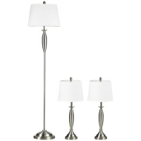 HOMCOM 3-częściowy zestaw lamp. 1 lampa podłogowa, 2 lampy stołowe, wykończenie tkaninowe; 38 cm x 38 cm x 158 cm, Srebrny + Biały(m-1)