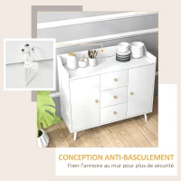 HOMCOM Buffet, meuble de rangement avec 2 portes, 3 tiroirs et pieds en bois massif, style moderne, 90 x 32 x 80 cm, blanc(m-5)