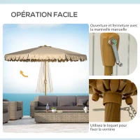 Outsunny Tilting Round Parasol Ø 264 cm with Frills High-Density UV-Resistant Polyester Fabric Removable Pole 8 Ribs - Khaki(m-5)