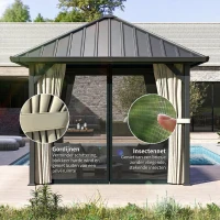 Outsunny 3 x 3m Harddak Paviljoen, Tuinpaviljoen met Metalen Dak, Waterbestendig Tuinzelt met Net en Zijwanden, Donkergrijs(m-7)