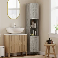 kleankin Columna de Baño Mueble Alto y Estrecho con Estantes Abiertos y 2 Armarios 30x32x172,5 cm Madera Grisácea(m-8)