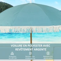 Outsunny Wood-effect Pole Beach Umbrella Ø 170 cm, Large Fringed Umbrella Adjustable Height, UPF50+ Carry Bag, Light Blue(m-4)