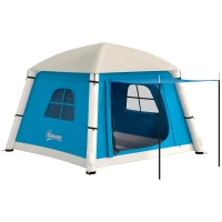 Outsunny Inflatable Camping Tent w/ Hand Pump, Easy Setup 1/2 Person Blow Up Tent Waterproof 190T Taffeta w/ Mesh Windows, Doors and Carry Bag, Light Blue(m-10)
