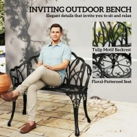 Outsunny Ławka ogrodowa 2-osobowa z odlewanego aluminium, odporna na warunki atmosferyczne, z oparciem w kształcie tulipanów i motywem kwiatowym, 99 x 57 x 78 cm(m-4)