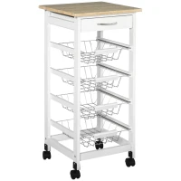 HOMCOM Multi-storage Service Cart on Wheels, 4 Metal Baskets + Drawer, Pine Wood, 37 x 37 x 82 cm, White(m-1)