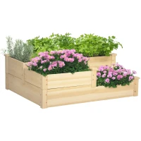 Outsunny Wooden Raised Garden Bed Outdoor Stepped Planter 3 Levels Open-Bottom Design 108 x 88 x 36 cm Natural Wood(m-10)