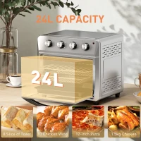 HOMCOM Mini piekarnik z termoobiegiem, frytkownica z gorącym powietrzem, 6 trybów grzania, timer, akcesoria, 24L, srebrny(m-4)