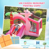 AIYAPLAY Castel Gonflabil pentru Copii 4 în 1, Tobogan, Trambulină, Piscină cu Bile, Coș de Baschet, Mingi de Baschet, Tematică Flamingo, Ventilator, Geantă de Transport, Interior Exterior, 255x230x196cm, Roz(m-9)