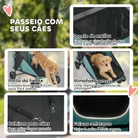 PawHut Carrinho para Cães Dobrável com um Botão até 30 kg com Suspensão nas 4 Rodas Giratório e Travão de Pé Turquesa(m-6)