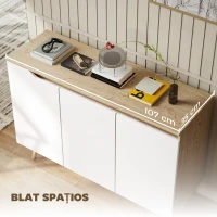 HOMCOM Bufet de Bucătărie, Mobilier de Bucătărie cu 3 Uși, Rafturi Reglabile și 5 Picioare din Lemn de Cauciuc, Stil Modern, Bufet pentru Living, Sufragerie, Alb și Stejar(m-6)