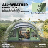 Outsunny Namiot Tunelowy 4-osobowy Rodzinny z 2 Sypialniami, Przedsionkiem, 4 Okna, Podłogą, Wodoodporny 3000 mm(m-6)