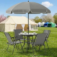 Outsunny 4 Seater Garden Furniture Set, 6 Pieces Garden Table and Chairs with Parasol, Outdoor Garden Dining Set with Folding Chairs and Round Glass Top Table for Patio, Grey(m-9)