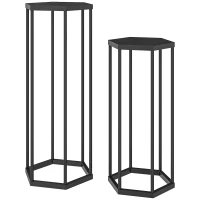 Outsunny Set of 2 Plant Stands, Hexagonal Metal Flower Stool, Indoor and Outdoor, Black(m-11)