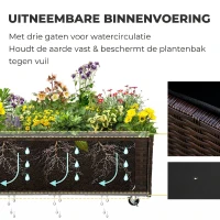 Outsunny polyrattan verhoogd bed met wielen plantenbak met afvoergaten plantenbak bloembak koffie bruin 94,5 x 31 x 36 cm(m-4)