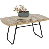 Outsunny Woven Resin Garden Side Table, 90x50x45cm, Garden Coffee Table with Tempered Glass Top, Natural(m-10)