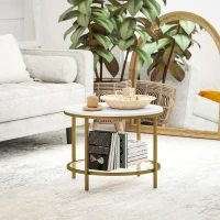 HOMCOM Modern Round 2-Tier Coffee Table with Faux Marble Top and Tempered Glass Shelf, Ø 60 x 45 cm, White and Gold(m-7)