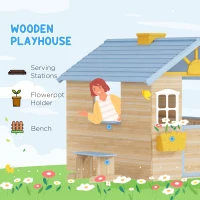 Outsunny Wooden Playhouse, Wendy House w/ Door, Bench, Flowerpot Holder, For Ages 3-7 Years, Blue(m-5)