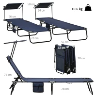 Outsunny Set of Two Folding Sun Loungers, with Adjustable Backs and Sun Canopies - Dark Blue(m-3)