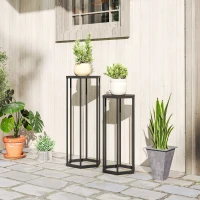 Outsunny Set of 2 Plant Stands, Hexagonal Metal Flower Stool, Indoor and Outdoor, Black(m-2)