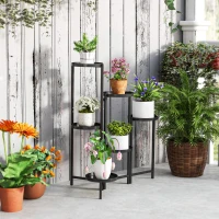 Outsunny 3 Tier Plant Stand Indoor Outdoor, Foldable Corner Plant Stands for Multiple Plants, Metal Round Flower Pot Holder for Patio Garden Balcony Living Room, Black(m-8)