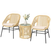 Outsunny 3-teiliges Bistro-Set aus Rattan und Stahl mit 2 Stühlen, runder Tisch mit Tischplatte aus gehärtetem Glas, Beige(m-5)