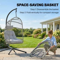 Outsunny Hanging Egg Chair, Indoor Outdoor Hammock Swing Chair with Stand, Safety Strap, Foldable Basket, Light Grey(m-5)