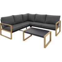 Salon de jardin d'angle - Aluminium effet bois - PUERTOCOR - 5 personnes + table basse