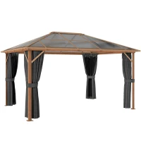 Outsunny Gartenpavillon ca. 4x3m Aluminium Pavillon mit Polycarbonat-Dach 6 mm Moskitonetz 4 Seitenteile Holzoptik Naturholz(m-1)