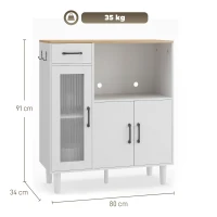 HOMCOM Dressoir Keukenkast met Lade, 2 Kasten, Open Vak, Geribbelde Acrylglasdeur 80 x 34 x 91 cm Wit+Eiken(m-3)