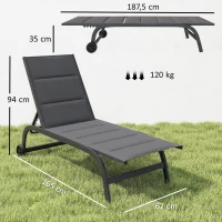 Outsunny Bain de Soleil en Aluminium, Dossier Réglable 6 Positions avec Roues, Rembourrage Intégré, 62x165x94cm, Gris Foncé(m-3)