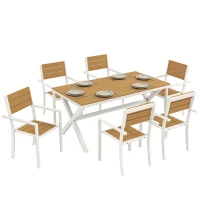 Outsunny Set da Pranzo Esterno 7 Pezzi con Tavolo e 6 Sedie Impilabili con Braccioli in Alluminio, Teak(m-11)