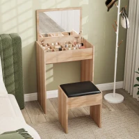 HOMCOM Dressing Table with Mirror and Stool, Vanity Makeup Table with Flip Up Mirror, Vanity Desk with Storage Unit and Padded Seat, Wood(m-2)