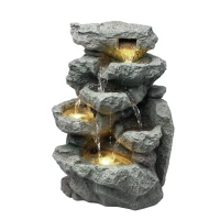 Outsunny Outdoor Fountain with 6-Tier Rock Design, Waterfall Feature with LED Lights, Resin Freestanding Garden Fountain, Grey(m-11)