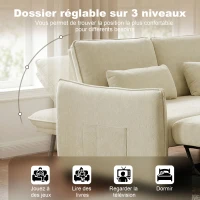 HOMCOM Canapé convertible 2 places 3 en 1, canapé-lit clic clac en chenille avec dossier réglable, porte-gobelets, beige(m-5)