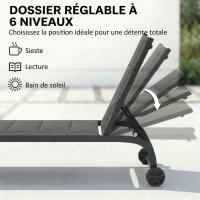 Outsunny Bain de Soleil en Aluminium, Dossier Réglable 6 Positions avec Roues, Rembourrage Intégré, 62x165x94cm, Gris Foncé(m-4)
