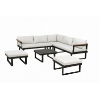 Salon de jardin d'angle 7 places - Aluminium - ALMARA - Canapé d'angle + 2 tabourets + table - Ecru