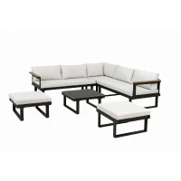 Salon de jardin d'angle 7 places - Aluminium - ALMARA - Canapé d'angle + 2 tabourets + table - Ecru(m-1)