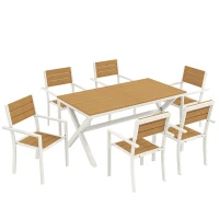 Outsunny Set da Pranzo Esterno 7 Pezzi con Tavolo e 6 Sedie Impilabili con Braccioli in Alluminio, Teak(m-1)
