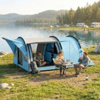 Outsunny Grande Tente Tunnel Camping 4 Personnes 3-4 Saisons Hauteur d'Homme 2 m Séjour XL 3,7 m Imperméable 3000mm Bleu(m-10)