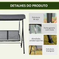 Outsunny Baloiço de Jardim Exterior para 2 Pessoas Toldo Ajustável Estrutura em Aço Assentos de Textilene 140x118x162 cm Cinzento Escuro(m-6)
