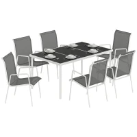 Outsunny Conjunto de Refeição de Jardim 7 Peças com Mesa de Vidro Temperado e 6 Cadeiras Empilháveis Cinzento(m-10)