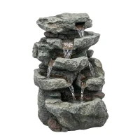 Outsunny Outdoor Fountain with 6-Tier Rock Design, Waterfall Feature with LED Lights, Resin Freestanding Garden Fountain, Grey(m-1)