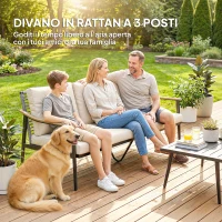 Outsunny Divano da Esterno a 3 Posti  in Rattan con Braccioli Effetto Legno e Schienale, per Veranda, Cortile, Cachi(m-4)
