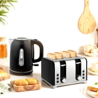 HOMCOM Kettle and Toaster Set, 1.7L 3000W Rapid Boil Jug Kettle with Otter Thermostat, Limescale Filter, 4 Slice Toaster with 7 Browning Controls, Crumb Tray, LED Strip, Black(m-2)