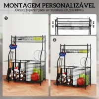 SPORTNOW Organizador de Equipamentos Desportivos com Cesta Ganchos Removíveis e Faixas Elásticas Suporte para Bolas 92x42x109 cm Preto(m-5)