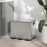 HOMCOM 3 x 20L Pedal Bin, Steel Triple Kitchen Bin with Soft Close Lid, Removable Inner Buckets, Fingerprint-Proof, Silver Tone(m-2)
