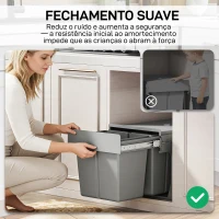 HOMCOM Balde  de Lixo Embutido com 3 Recipientes Removíveis Capacidade Total 31L (15L+8Lx2) 48x34,3x35,1 cm Cinzento Claro(m-7)
