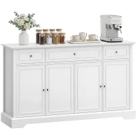 HOMCOM Buffet da cucina con 3 cassetti, 4 ante a chiusura ammortizzata e ripiani regolabili, 136x38x80 cm, bianco(m-8)