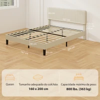 HOMCOM Cama 160x200 cm com Cabeceira Ajustável Estofada em Bombazina Ripas de Madeira Montagem Fácil Cinza Claro(m-3)